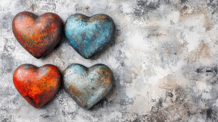 Obraz premium Three rusty hearts arranged on a textured concrete background for artistic display