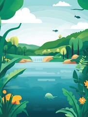 Obraz premium Serene River Landscape: A Tranquil Oasis of Nature
