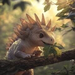 Obraz premium Adorable Baby Dinosaur Eating a Leaf on a Tree Branch in a Sunlit Forest