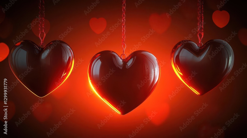 Poster three red hearts hanging from a string against a white background for decoration or celebration
