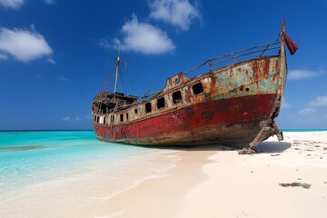 A shipwreck resting on the shores of a deserted island, partially covered by sand and vines