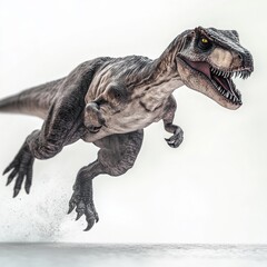 Fototapeta premium Leaping Tyrannosaurus Rex Dinosaur in Action, Grey and Brown Reptile in Dynamic Pose Against White Background