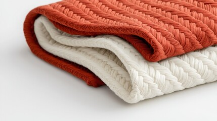 A cozy woven blanket in orange and cream, perfect for home decoration and comfort.
