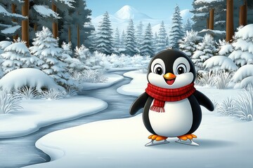 A cheerful cartoon penguin wearing a red scarf stands on ice in a snowy forest landscape