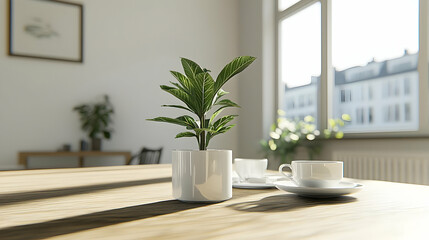 Fototapeta premium Small Potted Plant On Wooden Table With Coffee Cups Near Bright Window