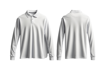 Blank template of long sleeve men's white polo shirt front and back view isolated on white background