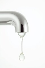 V&aacute;lvula plateada con una gota de l&iacute;quido blanco aislada sobre fondo blanco.