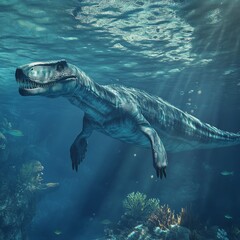 Underwater Prehistoric Marine Reptile in a Vibrant Coral Reef Digital Art