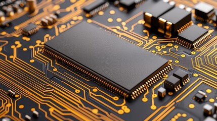 Close-up of microchip on circuit board; technology background; digital illustration