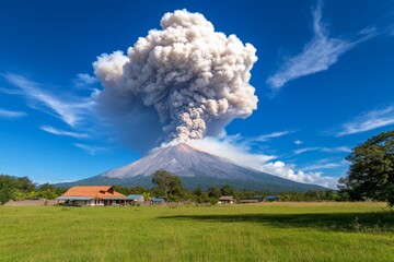 A small village at the base of a volcano, with an eruption beginning in the background