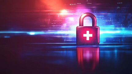A health info privacy symbol, a padlock with a red cross in the center, surrounded by soft light and subtle reflections, symbolizing protection and safety, calming and trustful mood, clean vector art
