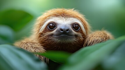 Fototapeta premium Close-up of a sloth peering through lush green leaves in a vibrant rainforest setting