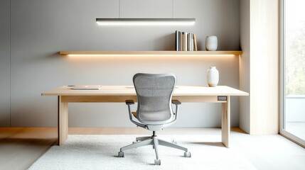 Contemporary office setup featuring light oak desk and modern decor elements