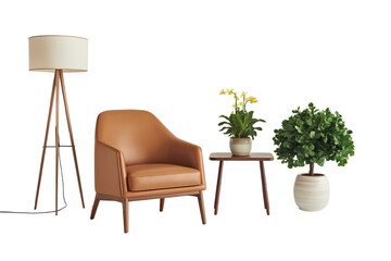 Modern living space setup with tan armchair, floor lamp, and potted plants isolated on transparent background PNG 