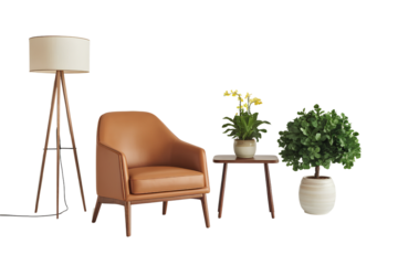 Modern living space setup with tan armchair, floor lamp, and potted plants isolated on transparent background PNG 