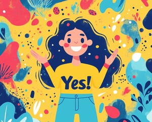illustration of a girl smiling and happiness with 'yes!' text on her shirt