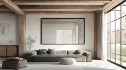 Modern living room with large mirror, wood beams, and garden view; interior design inspiration