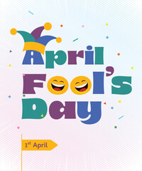 Happy April Fools Day poster and Vector Concept with Clown, Funny Hat, and Surprise Icons
