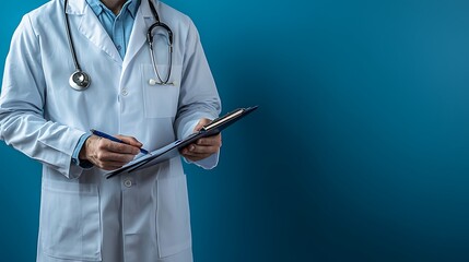 A doctor wearing glasses, carefully jotting down notes on a clipboard, soft light shining from the side, solid blue background, calm, professional, and reassuring mood, hyper-realistic details