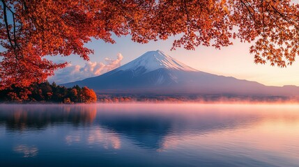 Mount Fuji in Autumn: Vibrant Red Leaves and Snow-Capped Peak Reflecting in Serene Waters