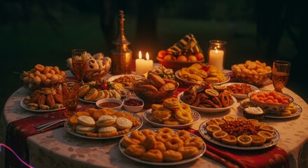 Naklejka premium A Lavish Nighttime Feast: Abundant Table of Delicious Food, Warm Candlelight, and Festive Atmosphere