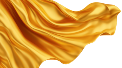 Elegant golden silk fabric with flowing folds on a transparent canvas