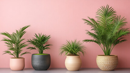 Obraz premium Four potted palm-like plants of varying sizes against a pink wall. Ideal for interior design and plant care blogs.