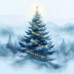 Fototapeta premium Snowy mountain Christmas tree, winter wonderland, festive card