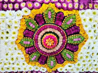 In the picture is a picture of a flower decorated with a pattern made from rope, dark pink, green and white immortelle flowers decorated in a frame in the center in a circle around the frame