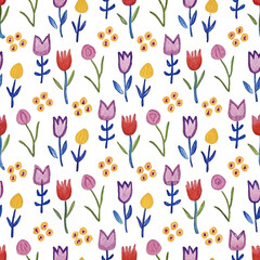 Watercolor floral seamless pattern with tulips and small flowers on white background.