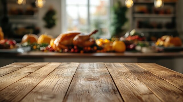Rustic wooden table in front of blurred Thanksgiving feast. Perfect for showcasing products or recipes related to the holiday.