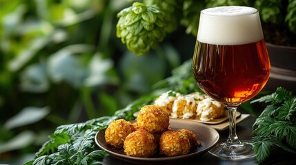 Enjoying Belgian Strong Ale with crispy arancini in a lush garden setting