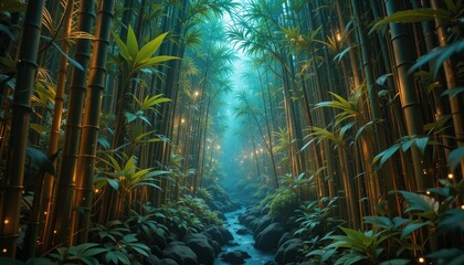 Serene Bamboo Forest Path Magical Stream Illuminated Night Scene Tranquil Nature Background
