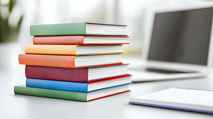 Stacked Books And Laptop On A White Desk With Notebook In Soft Focus And Warm Lighting