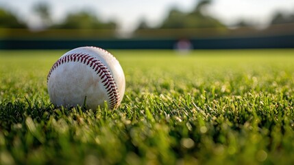 A close-up view of a baseball resting on lush green grass, showcasing the textured surface and stitching details, highlighted by soft sunlight.