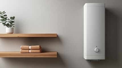 Horizontal white water heater mounted on wall with shelves and towels nearby