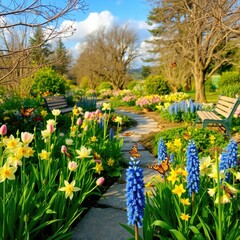 A Scenic Pathway Through a Beautiful Spring Garden with Blooming Flowers and Butterflies