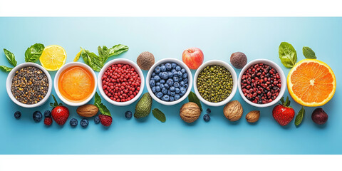 A top-down view of various colorful healthy foods in bowls on a light blue background, great for health food blogs or nutrition websites.

