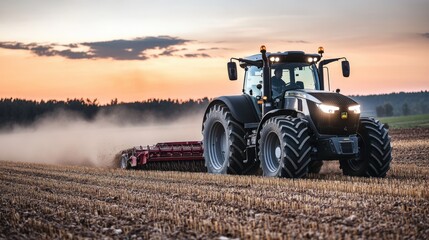 Obraz premium Large black and silver tractor plowing a field at sunset illuminating dust