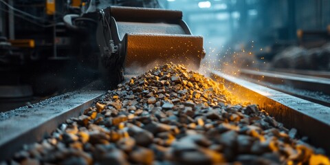 Industrial roller conveyor transporting hot gravel in steel mill