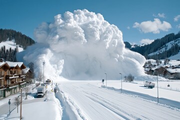 A village at the base of a mountain narrowly avoiding an avalanche disaster
