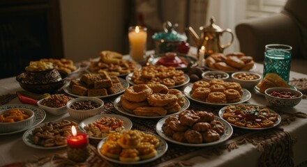 Naklejka premium A Bountiful Moroccan Festive Table: Delicious Treats and Warm Atmosphere