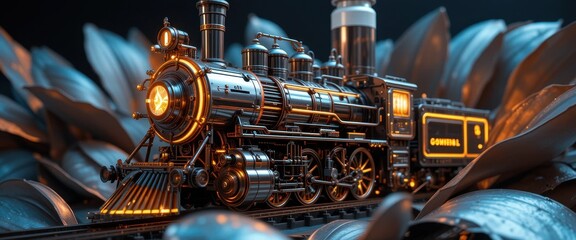 Futuristic Steam Locomotive Engine Glowing at Night Surrounded by Lush Leaves