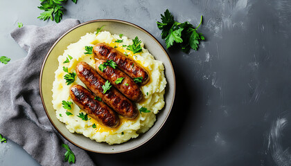 Delicious sausages served with creamy mashed potato.