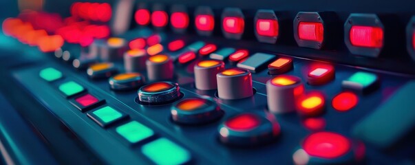 Control panel with colorful illuminated buttons and switches, creating a dynamic tech environment.