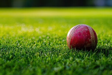 A vibrant cricket ball resting on a lush green field, capturing the essence of outdoor sports and the excitement of the game. Perfect for sports enthusiasts.