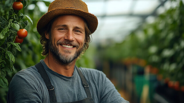smiling man wearing hat in a greenhouse amongst tomato plants for websites and blogs related to gardening,sustainable agriculture,or healthy eating