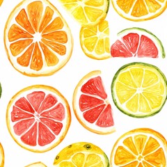 Fototapeta premium Vibrant Seamless Citrus Slice Pattern with Hand-Painted Lemons, Oranges, and Grapefruits for Fresh Summer Designs