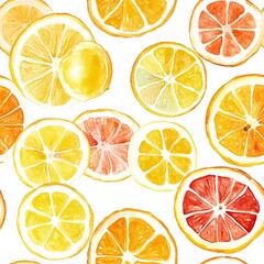 Fototapeta premium Bright and Refreshing Seamless Citrus Fruit Pattern with Hand-Painted Lemon, Orange, and Grapefruit Slices for Summer Designs