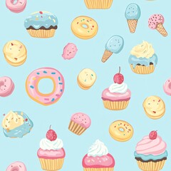 Sweet Pastel Dessert Delight Seamless Pattern with Cupcakes, Donuts, Macarons and Ice Cream Illustrations